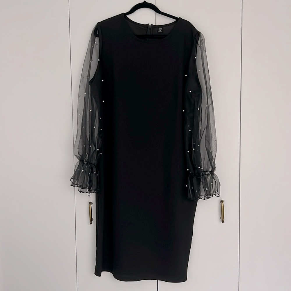Shein Black Dress with Sheer Sleeves with Elastic Wrist and Pearl Embellishments